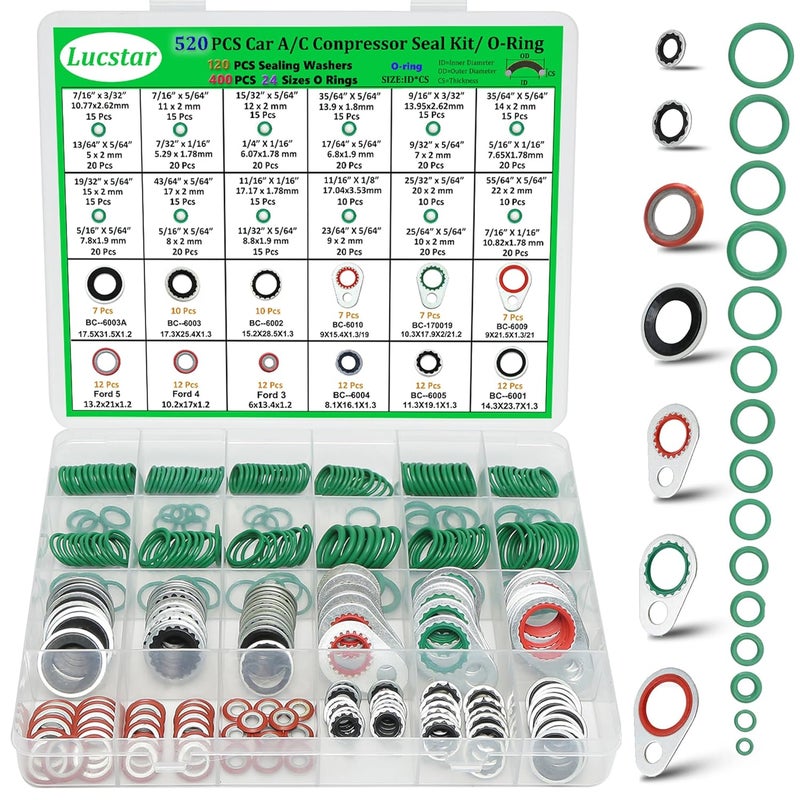 Lucstar A/C O Ring Kit, 400PCS O Ring Assortment Kit, 120PCS AC Seal Kit, AC Valve Core Kit, A/C Sealing Washers,Automotive Replacement Seal Gasket,AC Gasket Kit - Image 1